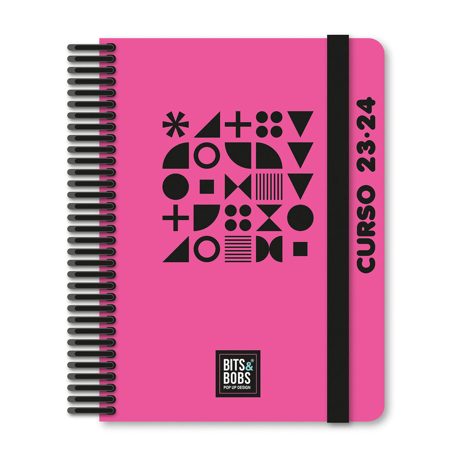 Grafoplás - Agenda Escolar A5 Curso 23-24 2 Días Página. Acabado Soft y Pegatinas. Fluor Fucsia