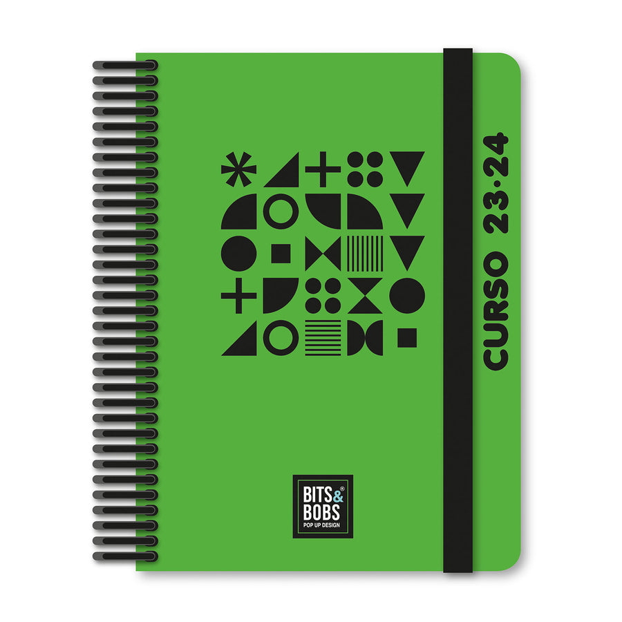 Grafoplás - Agenda Escolar A5 Curso 23-24 2 Días Página. Acabado Soft y Pegatinas. Fluor Verde