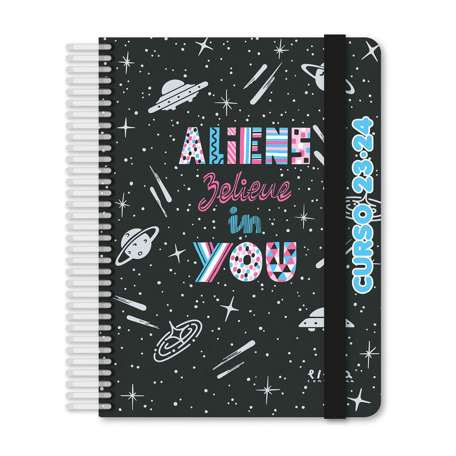 Grafoplás - Agenda Escolar A5 Curso 23-24 2 Días Página. Acabado Soft y Pegatinas. Alliens