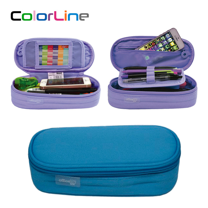 Mega - Estuche Portatodo Escolar Ovalado Multiuso con Solapa. Azul Claro