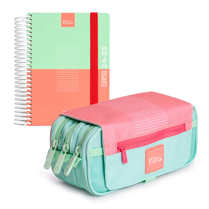 Grafoplás Kuru - Agenda Escolar A6 DP Curso 24-25 y Estuche Portatodo Triple. Rosa