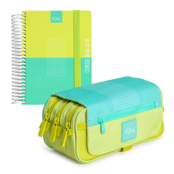 Grafoplás Kuru - Agenda Escolar A6 DP Curso 24-25 y Estuche Portatodo Triple. Turquesa