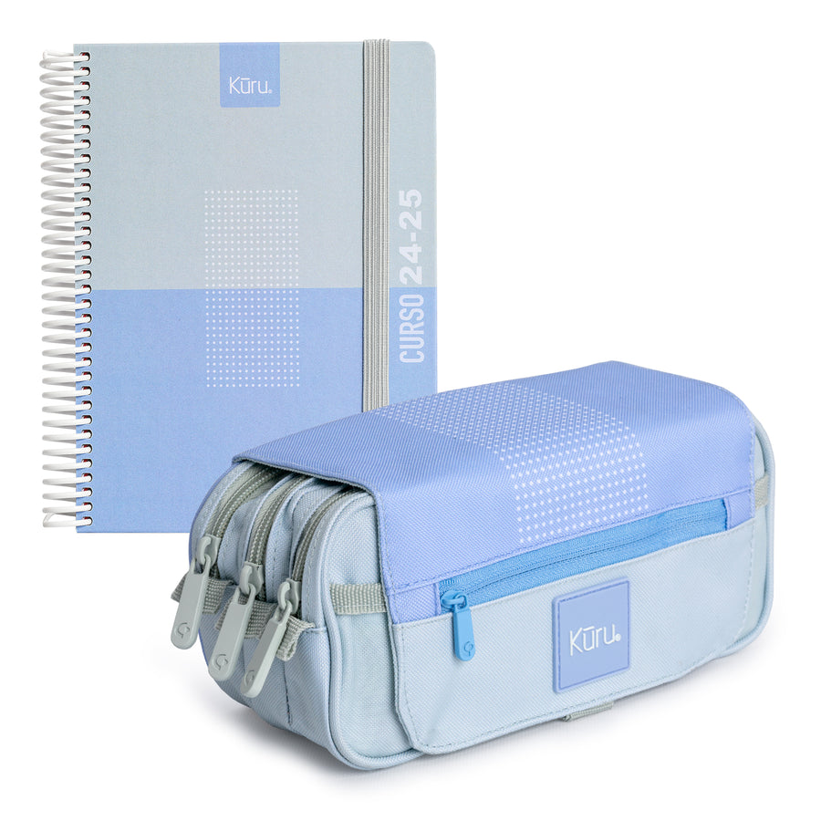 Grafoplás Kuru - Agenda Escolar A5 2DP Curso 24-25 y Estuche Portatodo Triple. Azul