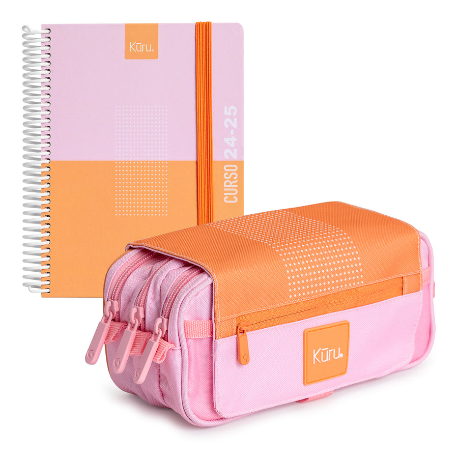 Grafoplás Kuru - Agenda Escolar A5 2DP Curso 24-25 y Estuche Portatodo Triple. Naranja