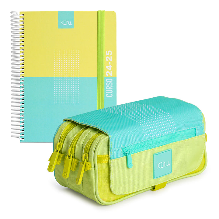 Grafoplás Kuru - Agenda Escolar A5 2DP Curso 24-25 y Estuche Portatodo Triple. Turquesa