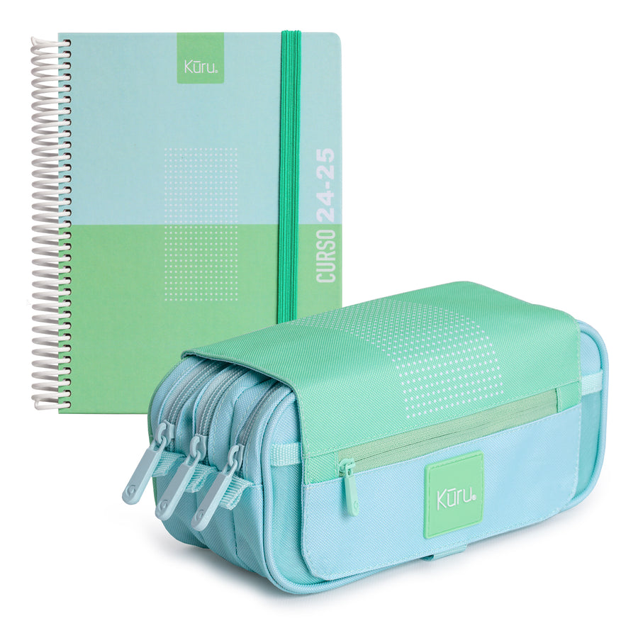 Grafoplás Kuru - Agenda Escolar A5 2DP Curso 24-25 y Estuche Portatodo Triple. Verde