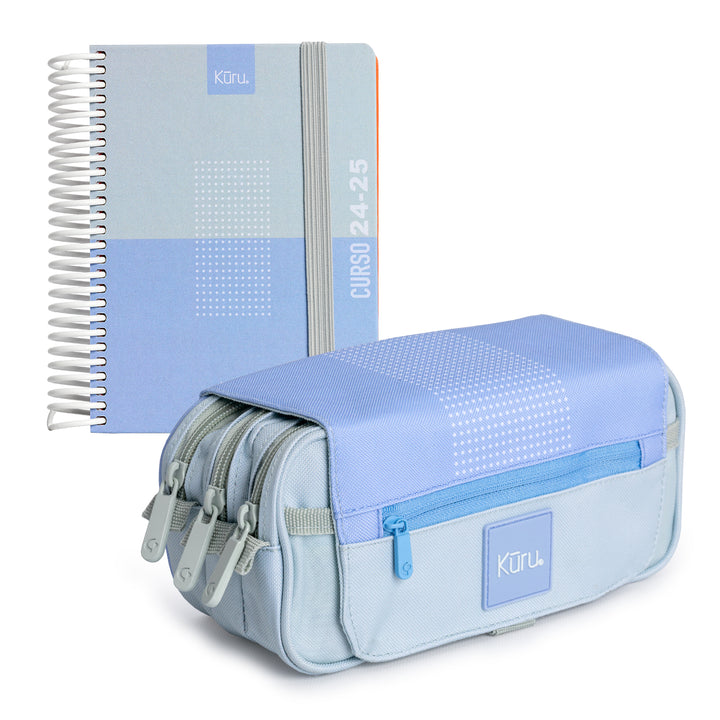 Grafoplás Kuru - Agenda Escolar A6 DP Curso 24-25 y Estuche Portatodo Triple. Azul