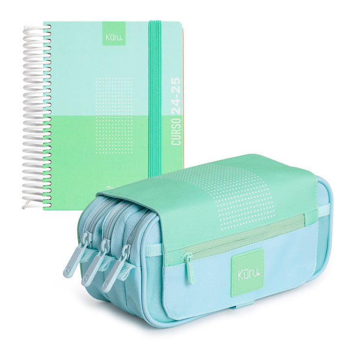 Grafoplás Kuru - Agenda Escolar A6 DP Curso 24-25 y Estuche Portatodo Triple. Verde