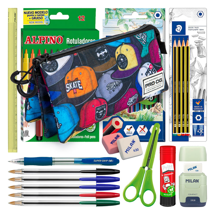 ColePack PRODG - Estuche Triple de 2 Cremalleras con Material Escolar Incluido. Caps