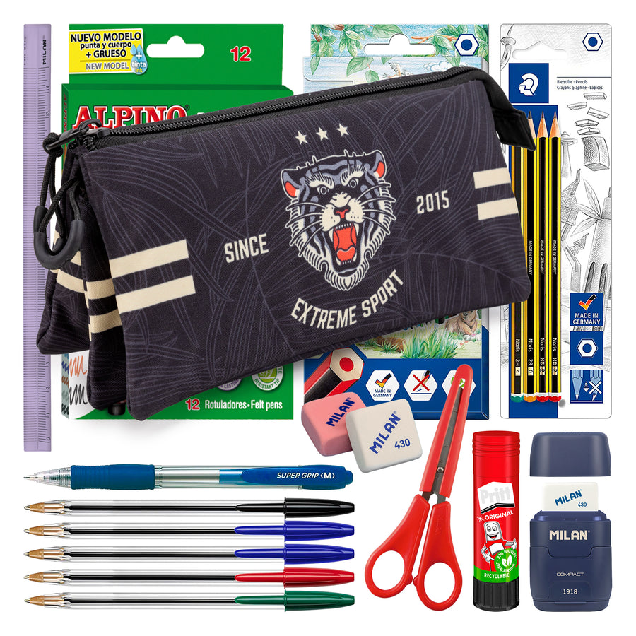 ColePack PRODG - Estuche Triple de 2 Cremalleras con Material Escolar Incluido. Tiger