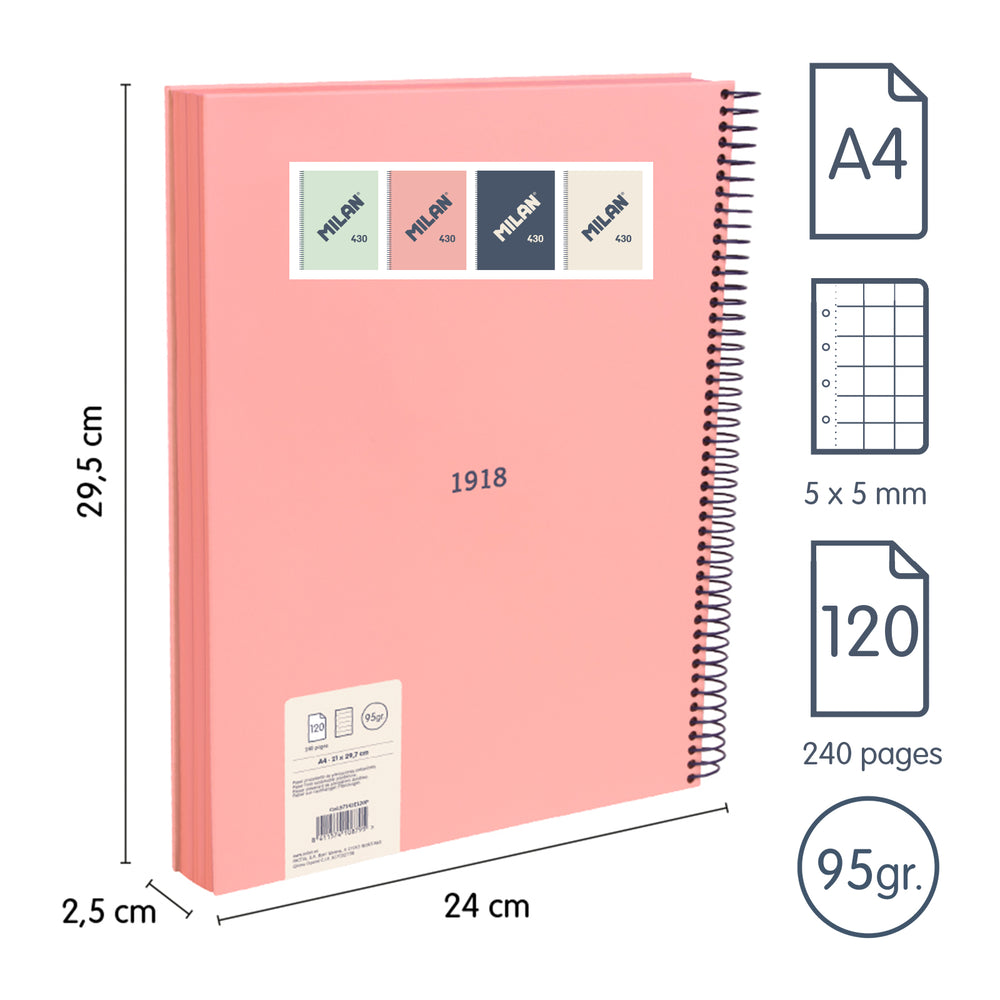 MILAN 430 - Cuaderno A4 Espiral y Tapa Dura. Papel Cuadriculado 120 Hojas 95gr Rosa