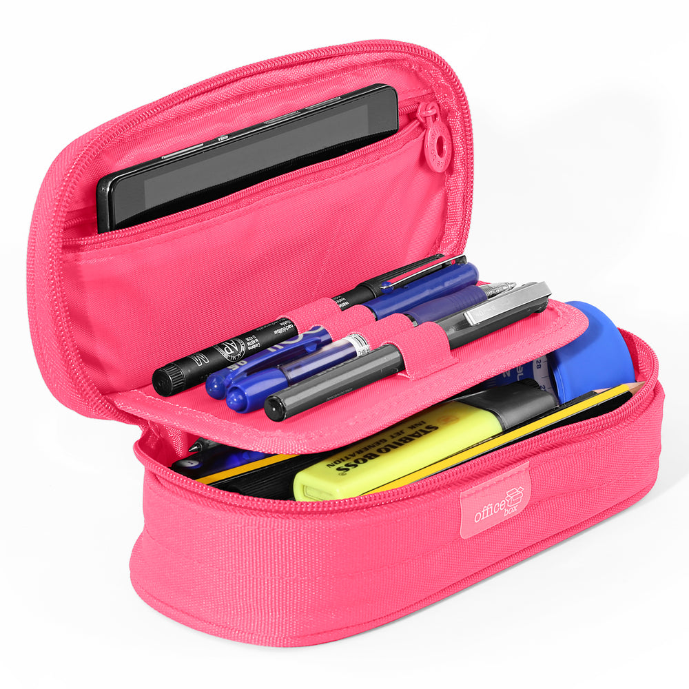Mega - Estuche Portatodo Escolar Ovalado Multiuso con Solapa. Fucsia