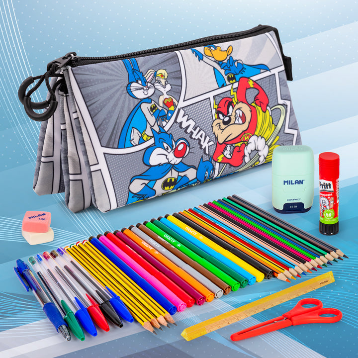 Looney Tunes - Estuche Escolar Triple Portatodo con 2 Cremalleras. Batman Comic