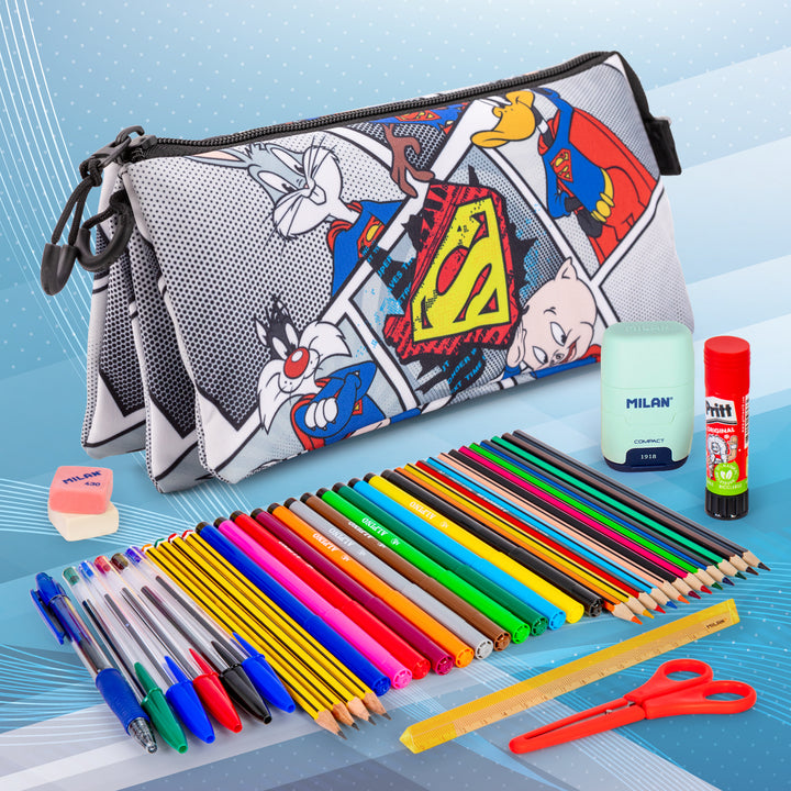 Looney Tunes - Estuche Escolar Triple Portatodo con 2 Cremalleras. Super Tunes