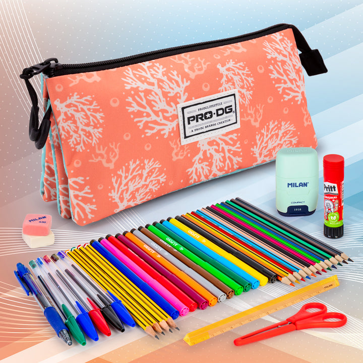 ColePack PRODG - Estuche Triple de 2 Cremalleras con Material Escolar Incluido. Surfcamp