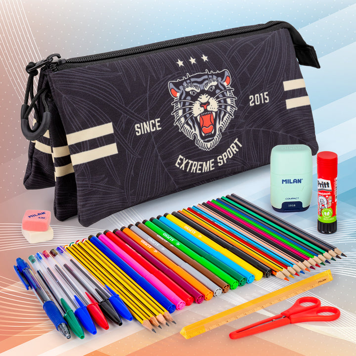 ColePack PRODG - Estuche Triple de 2 Cremalleras con Material Escolar Incluido. Tiger