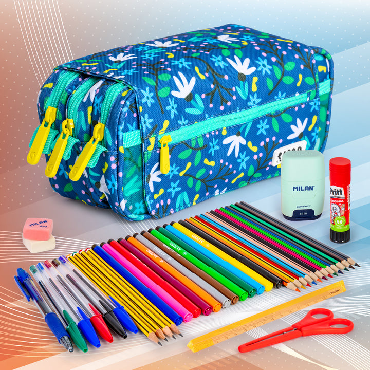 Grafoplás Design - Estuche Portatodo Triple con Solapa para Material Escolar. Blue Garden