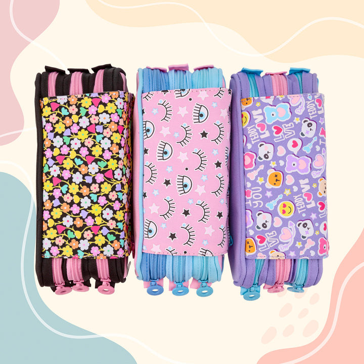 Estuche Portatodo Triple con Tres Cremalleras para Material Escolar o Neceser. Flowers