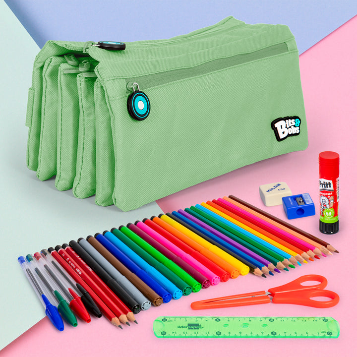 ColePack Eco36 - Estuche Cuadruple de 4 Cremalleras con Material Escolar Incluido. Menta