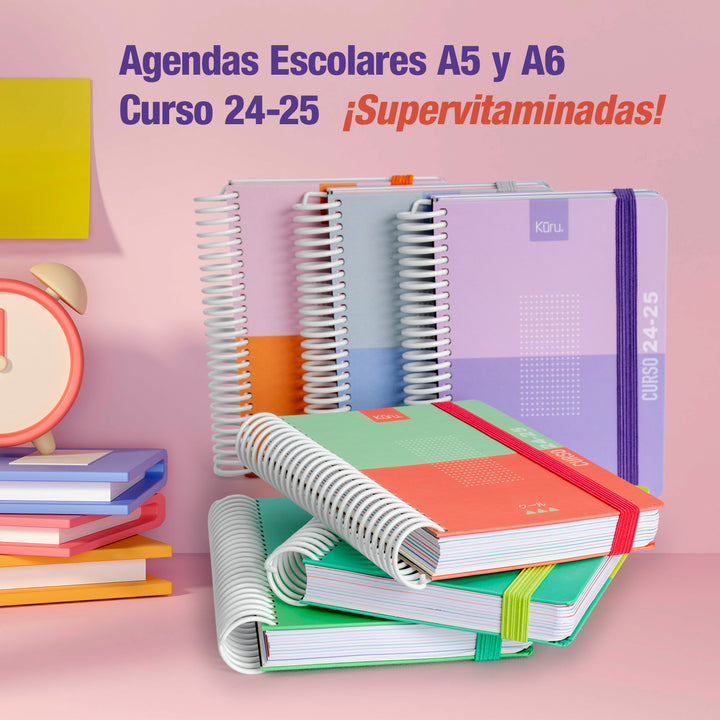 Grafoplás Kuru - Agenda Escolar A6 DP Curso 24-25 y Estuche Portatodo Triple. Verde