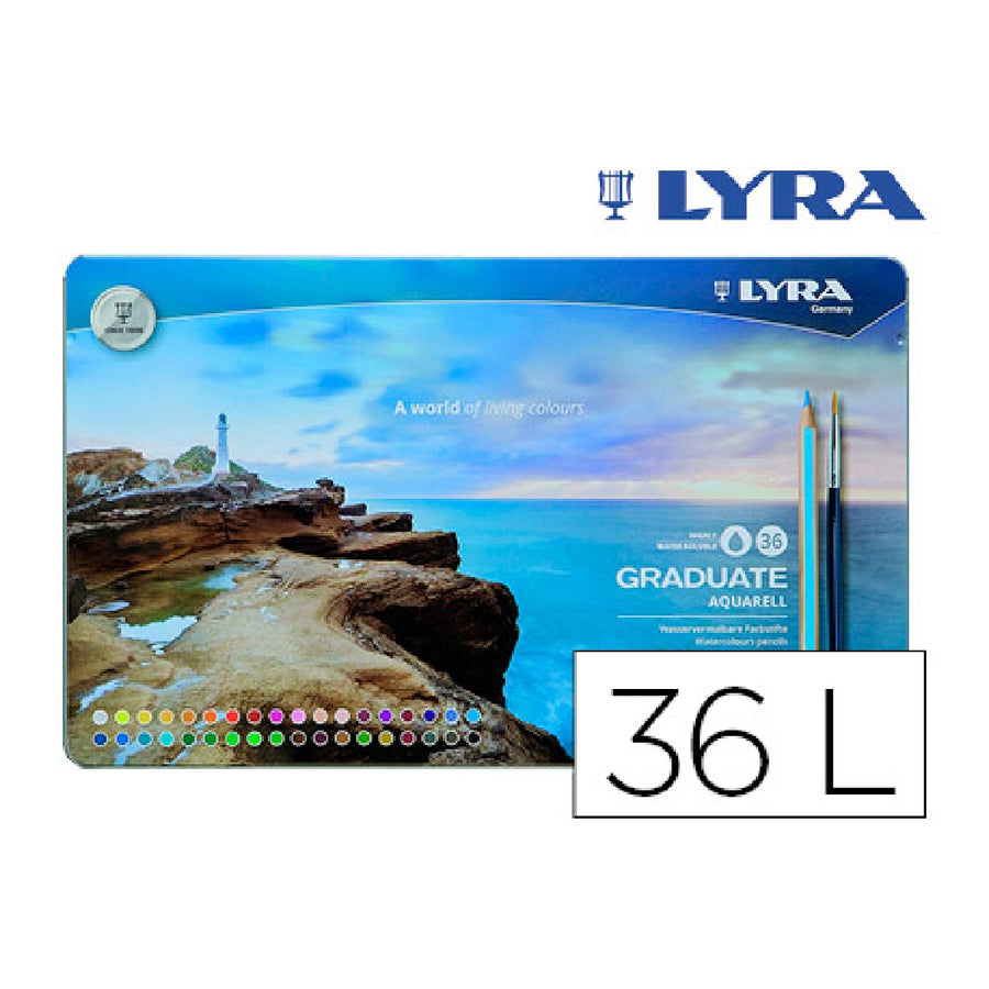 LYRA - Lapices de Colores Lyra Graduate Aquarell Caja Metalica de 36 Colores Surtidos + Pincel