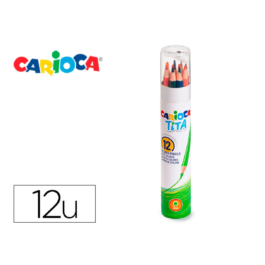 CARIOCA - Lapices de Colores Carioca Tita Mina 3 mm Tubo Metal 12 Colores Surtidos + Sacapuntas