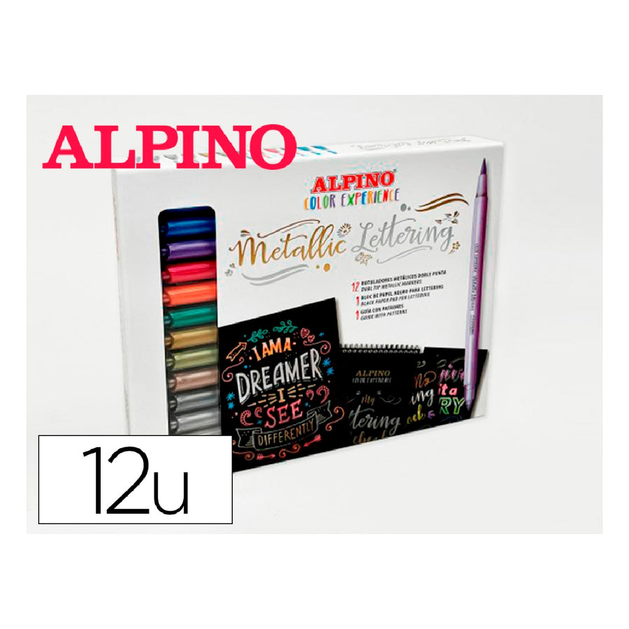 ALPINO - Rotulador Alpino Metallic Lettering Doble Punta Estuche de 12 Unidades Colores Surtidos