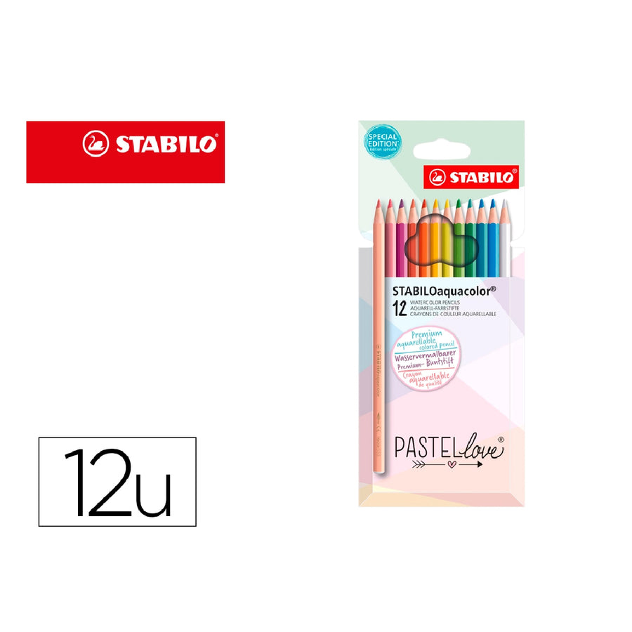 STABILO - Lapices de Colores Stabilo Aquacolor Acuarelables Pastel Love Estuche Carton de 12 Colores Surtidos