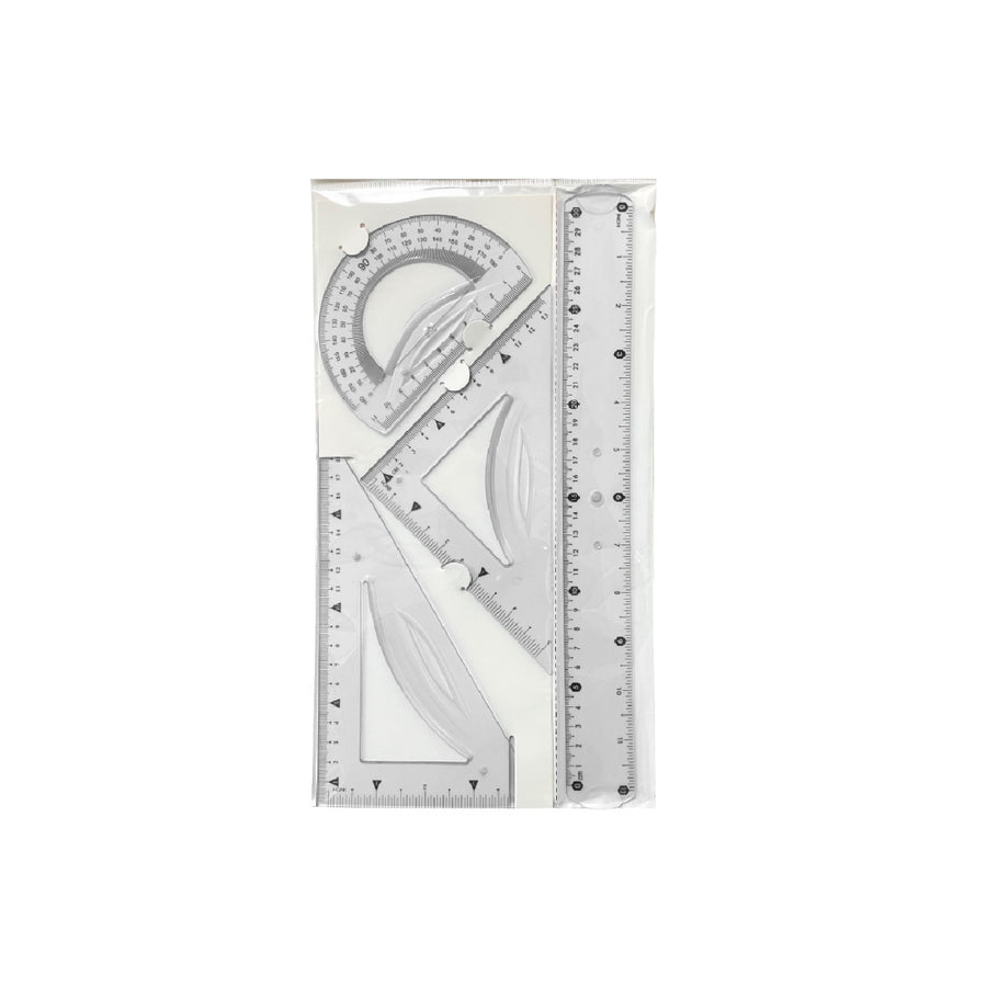 LIDERPAPEL - Juego Escuadra 10 cm Cartabon 14 cm Regla 30 cm y Semicirculo Plastico Flexible en Petaca Liderpapel