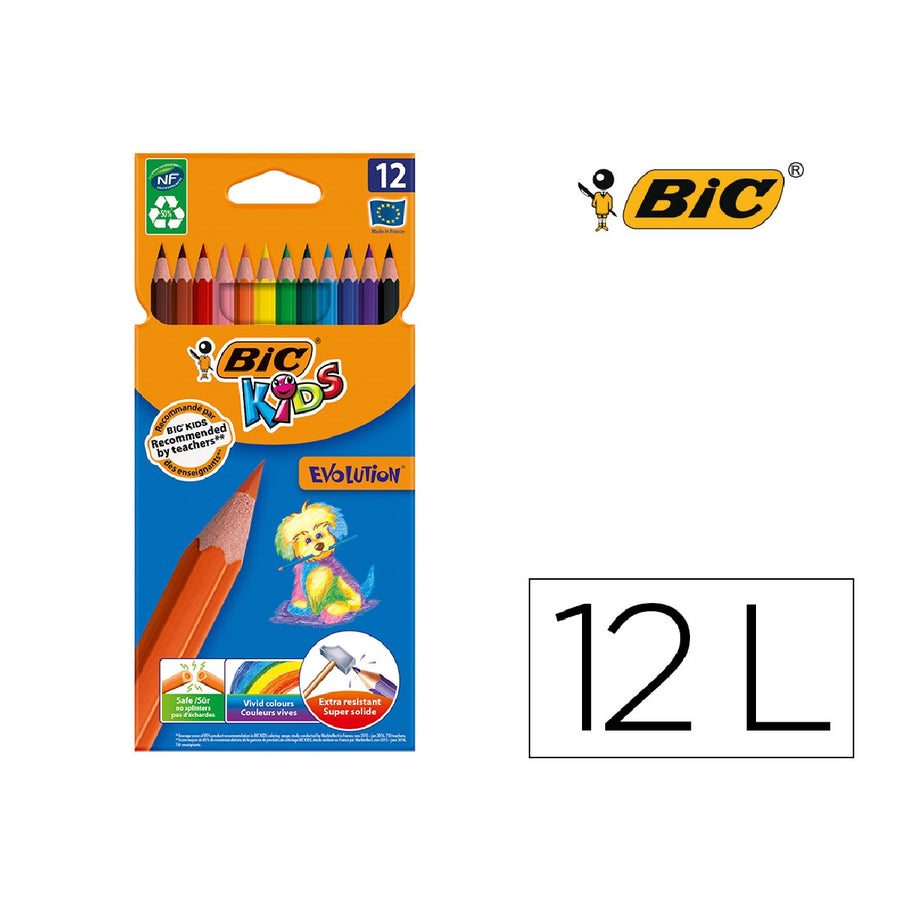 BIC - Lapices de Colores Bic Kid Evolution Estuche de 12 Colores Surtidos Mina Ultra Resistente