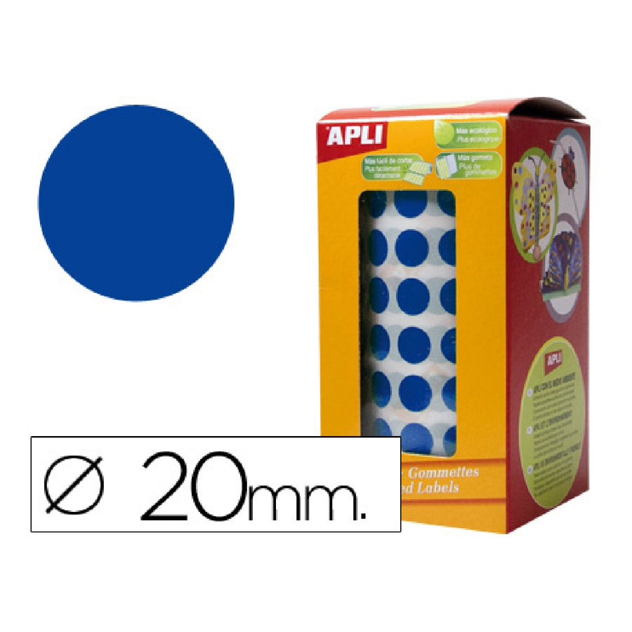 APLI - Gomets Autoadhesivos Circulares 20mm Azul Rollo de 1770 Unidades