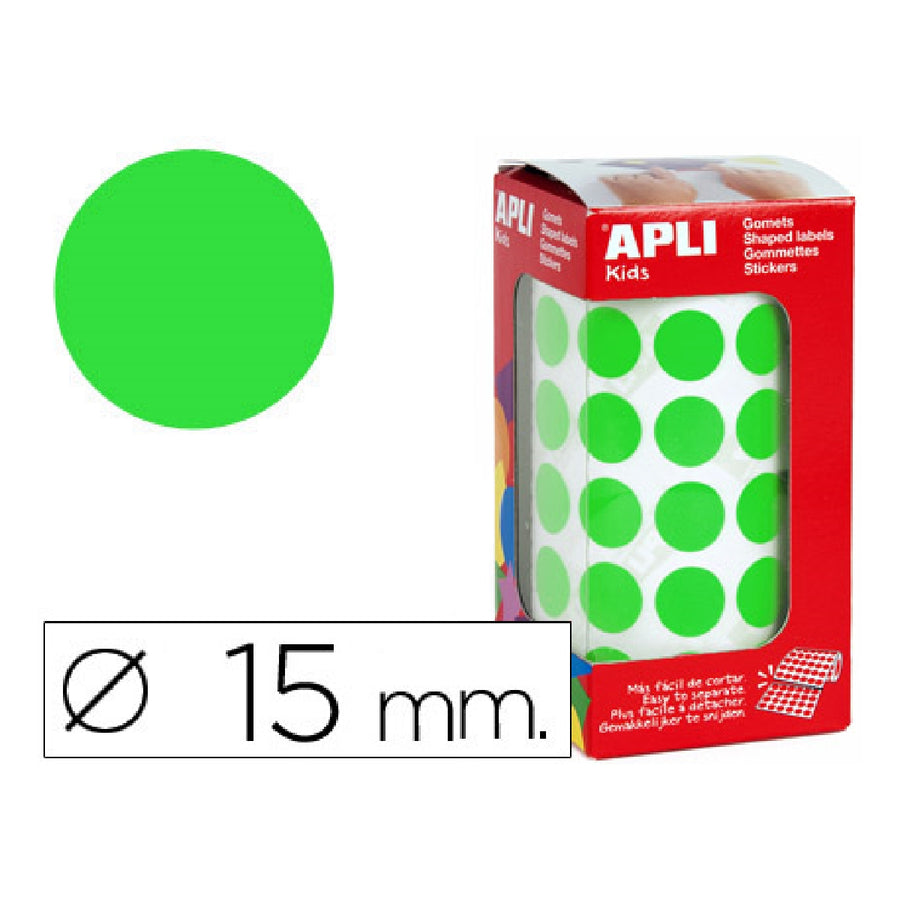 APLI - Gomets Autoadhesivos Circulares 15 mm Verde en Rollo Con 2832 Unidades