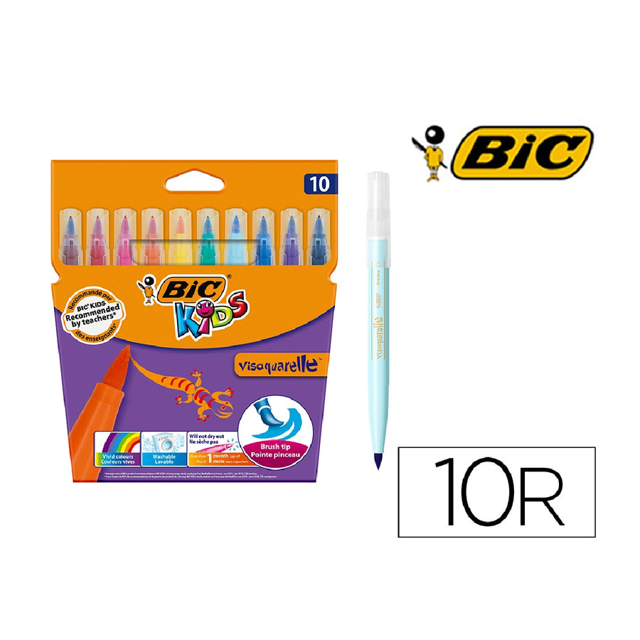 BIC - Rotulador Bic Kids Visaquarelle Estuche de 10 Colores Punta Pincel Tinta Base de Agua