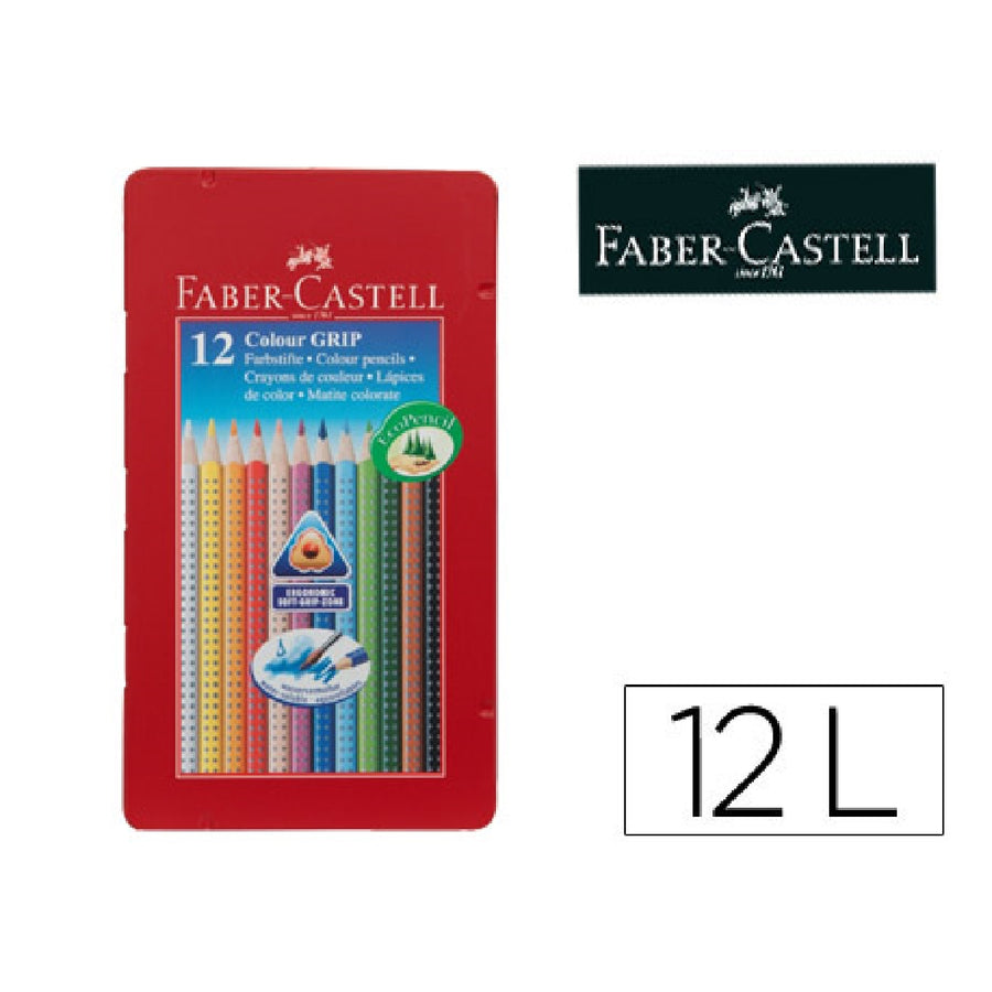 MADERA - Lapices de Colores Faber Castell Acuarelable Colour Grip Triangular Caja Metalica de 12 Colores Surtidos
