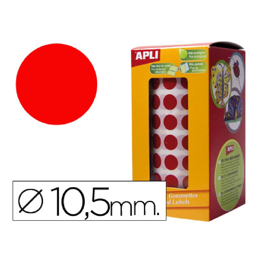 APLI - Gomets Autoadhesivos Circulares 10.5 mm Rojo Rollo de 5192 Unidades