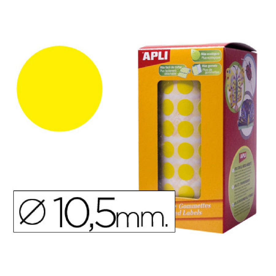 APLI - Gomets Autoadhesivos Circulares 10.5mm Amarillo Rollo de 5192 Unidades