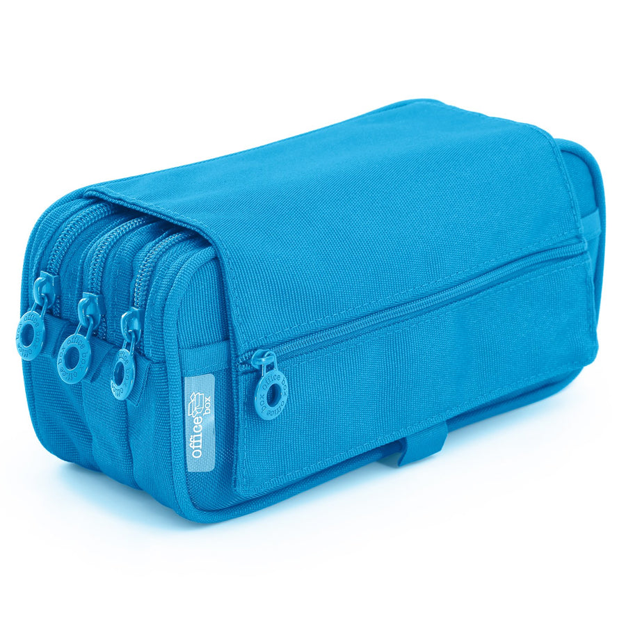 Estuche Escolar Triple Portatodo de Alta Capacidad con Tres Cremalleras, Azul Claro