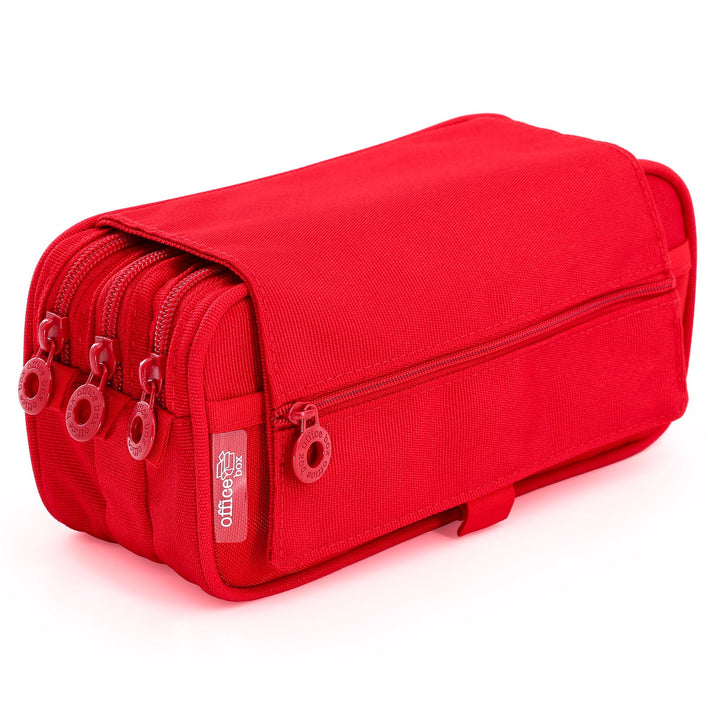 Estuche Escolar Triple Portatodo de Alta Capacidad con Tres Cremalleras, Rojo