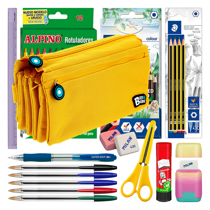 Grafoplás - Estuche Escolar Cuádruple de Alta Capacidad con Cuatro Cremalleras. Amarillo