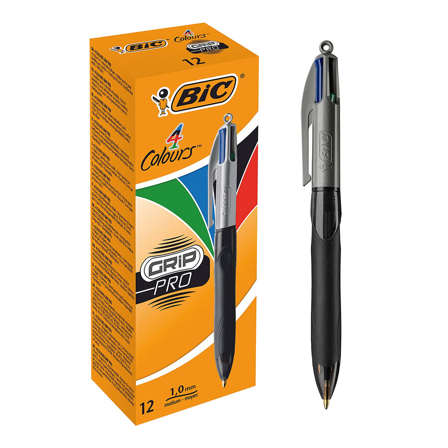 BIC 8922931 - Bolígrafo de Punta Retráctil de 4 Colores GRIP PRO. Color Gris y Negro