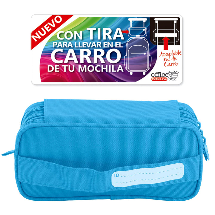 Estuche Escolar Triple Portatodo de Alta Capacidad con Tres Cremalleras, Azul Claro