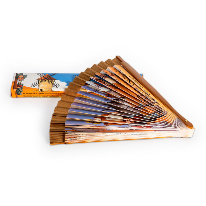 JAVIER Quijote - Abanico de 23 cm con Varillas de Madera Estampada y Tela