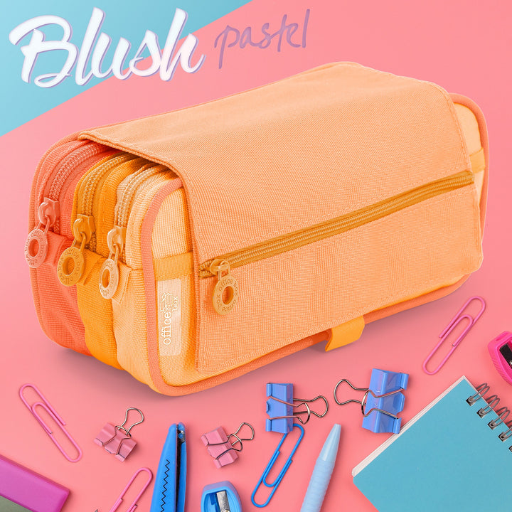 Estuche Escolar Triple Portatodo con Tres Cremalleras "Blush Pastel" Naranja