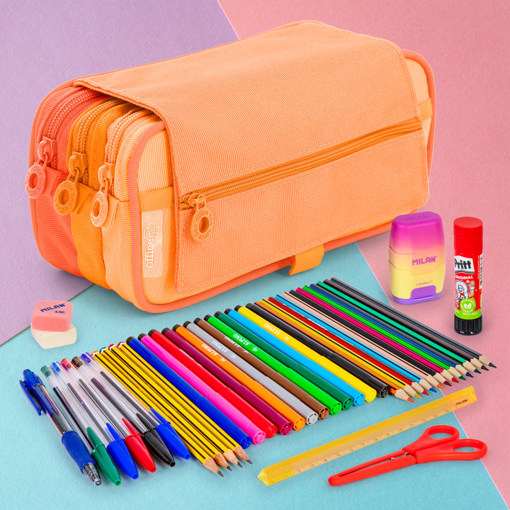 Estuche Escolar Triple Portatodo con Tres Cremalleras "Blush Pastel" Naranja