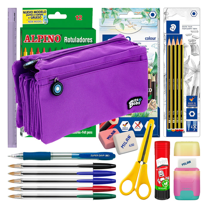 Grafoplás - Estuche Escolar Cuádruple de Alta Capacidad con Cuatro Cremalleras. Violeta