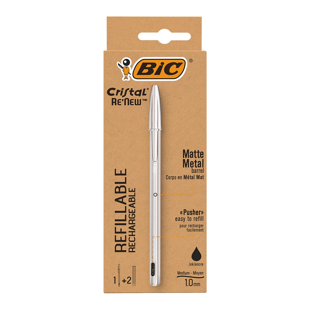 BIC 997201 - Bolígrafo Cristal RE'NEW de Tinta Negra con 2 Recambios, Metálico