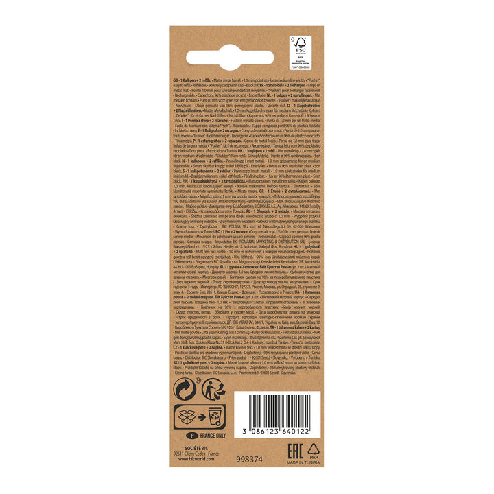 BIC 997201 - Bolígrafo Cristal RE'NEW de Tinta Negra con 2 Recambios, Metálico