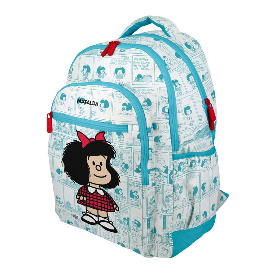 Grafoplás Mafalda - Mochila Escolar 3 Cremalleras con Divisor para Portátil. Adaptable Carrito. Viñetas