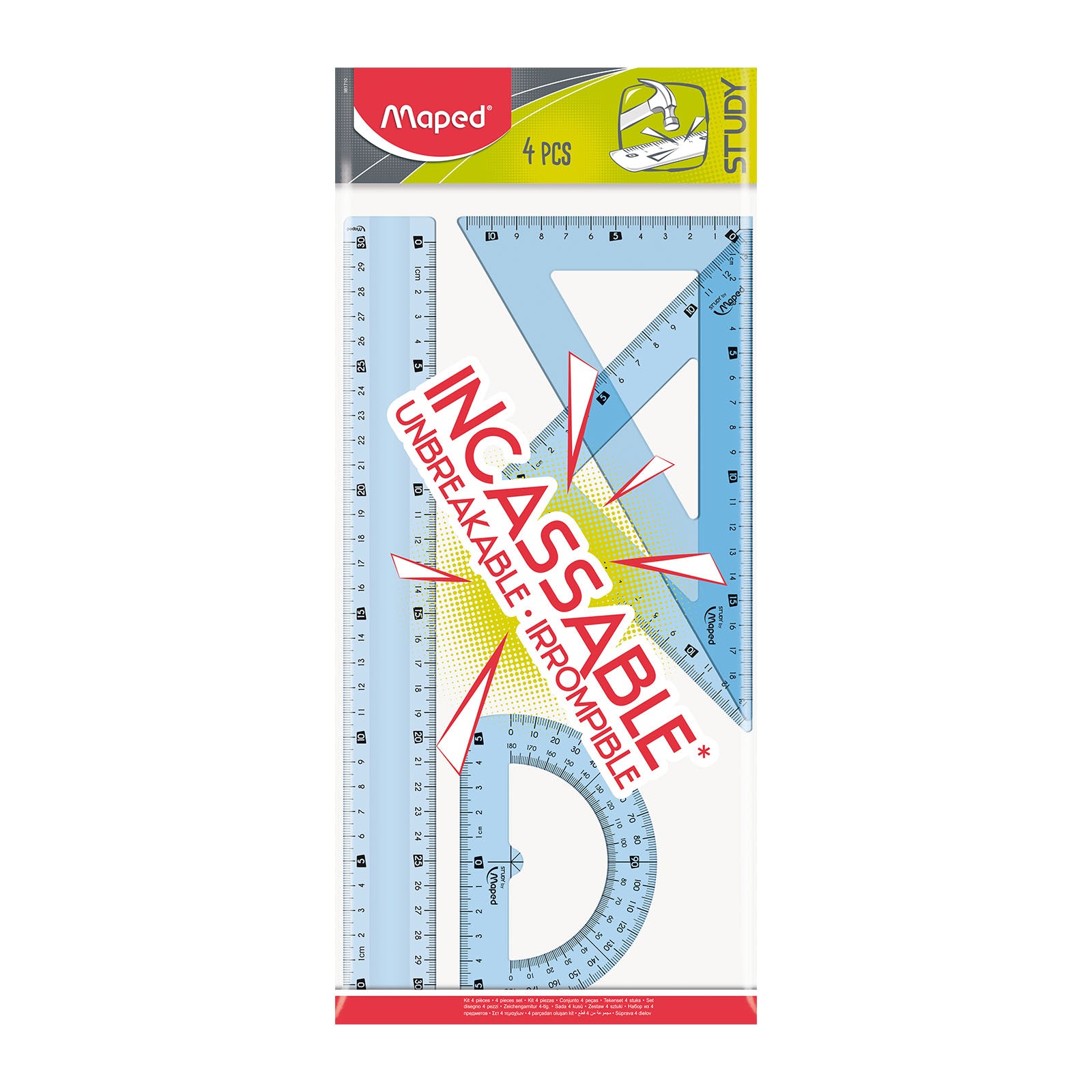 MAPED - Maxi Kit de 4 Reglas Escolares para Geometría Irrompibles. Transparente