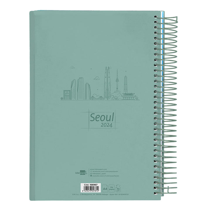 Liderpapel Gazi - Agenda Anual 2024 Día Página A4 Espiral y Tapa Polipropileno. Seoul Verde